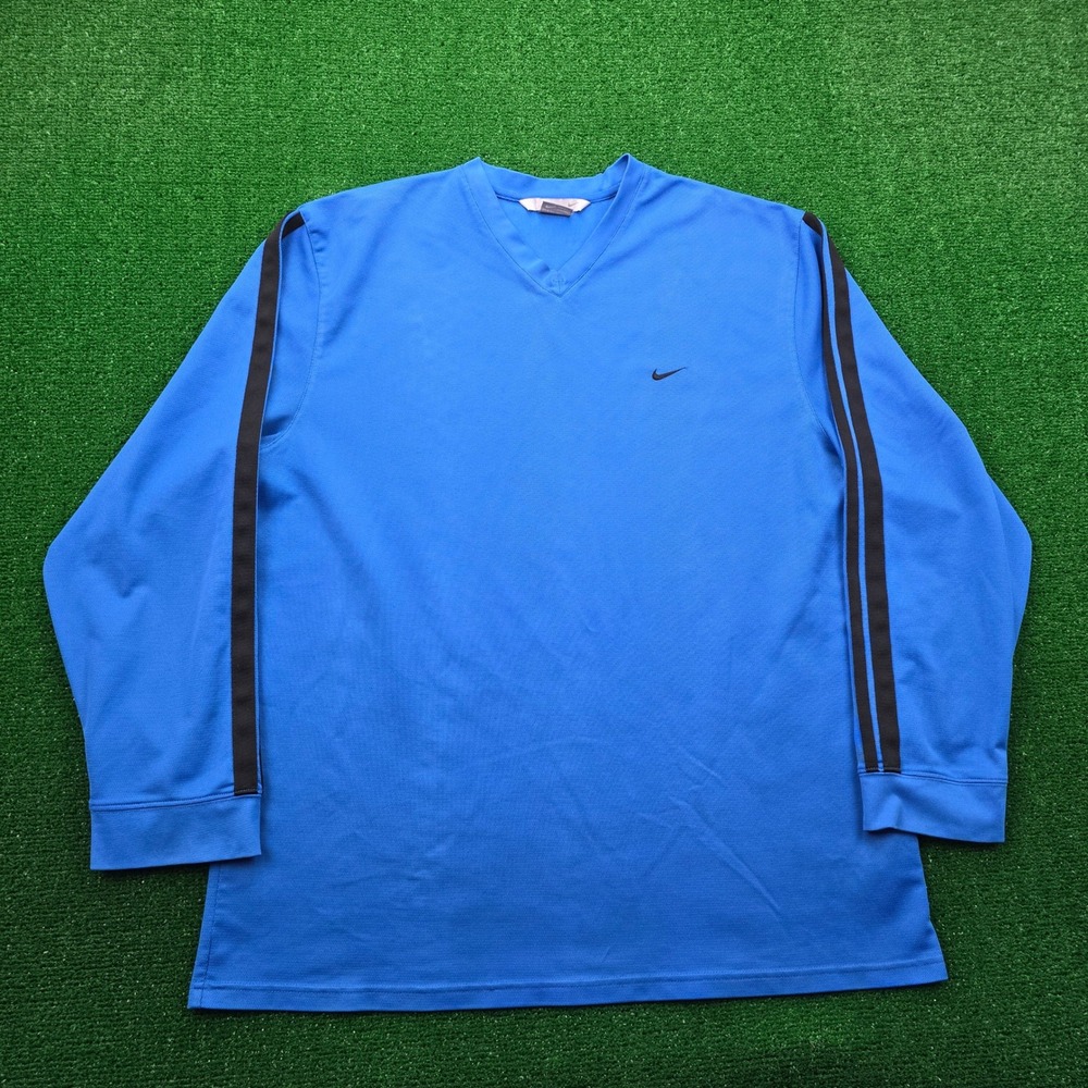 Nike Shirt Mens 2XL Blue V-Neck Long Sleeve Pullover Athletic Vintage Workout